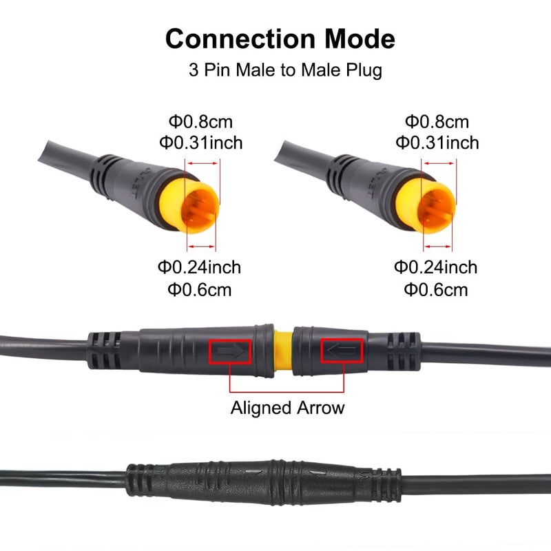 Onature Male to Male Ebike Extension Cable for Electric Bike Display and Gear Shif Sensor, Julet 2Pin / 3Pin / 5Pin Waterproof Connector to Expand Ebike Light and Twist Throttle (3 Pin Male to Male Yellow) - Image 3